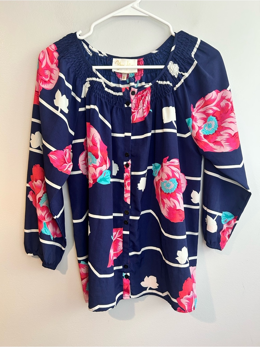 Yumi Kim Blue/Pink Floral Striped Button Front Top/Blouse Size Medium